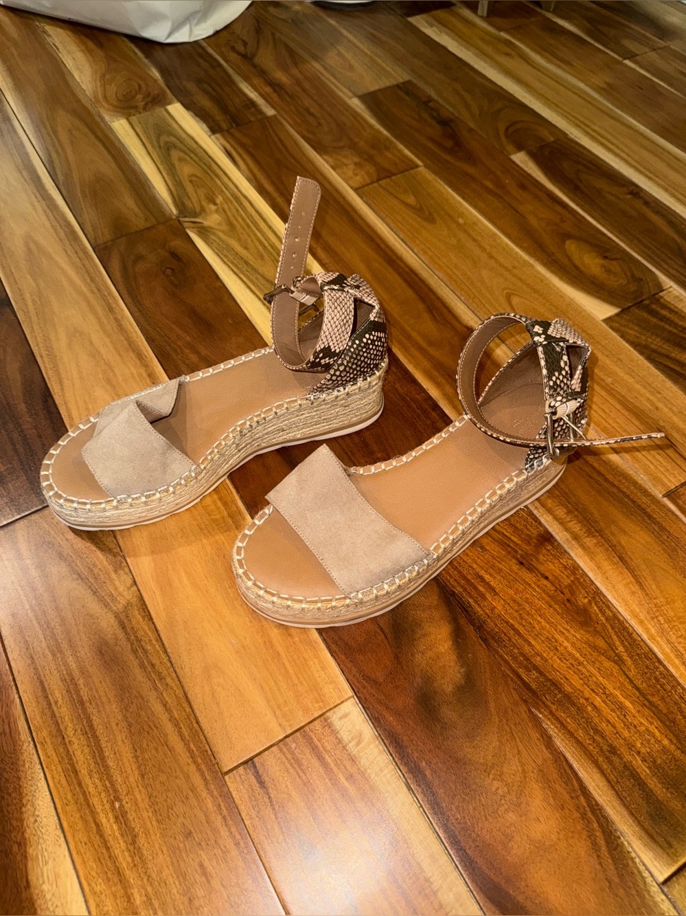 Women’s Tan Espadrille Platform Sandals with snake like print Ankle Strap